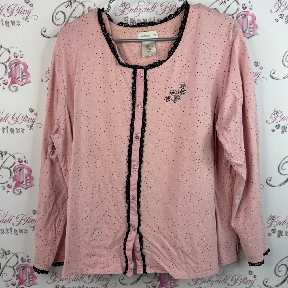 Liz Claiborne button up long sleeve polkadot lace Pink Cardigan with Black Trim